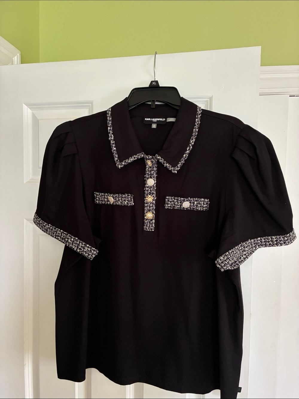 Karl Lagerfeld Black Short-Sleeve Polo with Tweed Trim